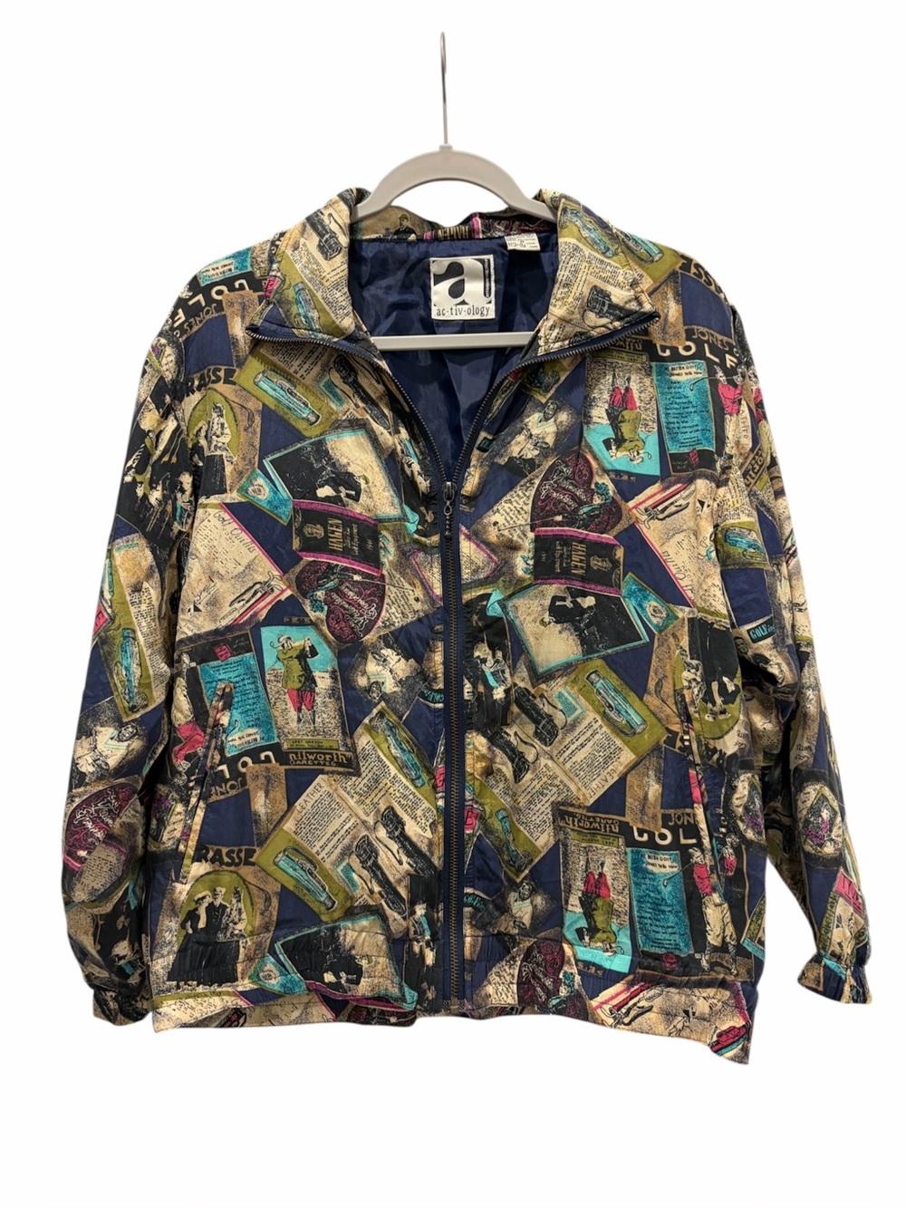 Ac-tiv-ology Eclectic 100% Silk Golf Newspaper Graphic Print Bomber Jacket W M